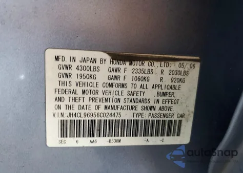 2006 Acura Tsx z USA, uszkodzony, nr VIN JH4CL96956C024475